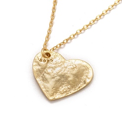 Golden 925 Sterling Silver Pendant Necklaces, with Spring Ring Clasps, with 925 Stamp, Textured, Heart, Golden, 17 inch(43.3cm)