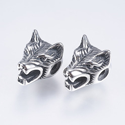 Antique Silver 316 Surgical Stainless Steel Beads, Wolf, Antique Silver, 12x11x14mm, Hole: 2mm