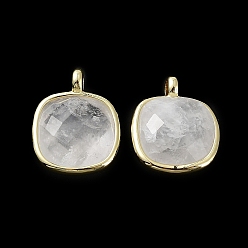 Quartz Crystal Natural Quartz Crystal Pendants, Faceted Square Charms, with Golden Plated Brass Edge Loops, 16.5x13x6mm, Hole: 2.2mm