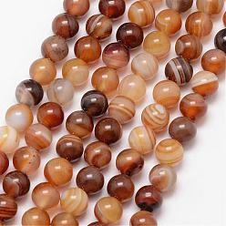 Camel Natural Striped Agate/Banded Agate Bead Strands, Round, Grade A, Dyed & Heated, Camel, 6mm, Hole: 1mm, about 61pcs/strand, 15 inch