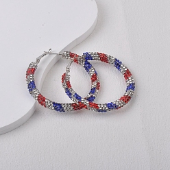 Colorful Rhinestone Stripe Big Hoop Earrings for Independence Day, Colorful, 55mm