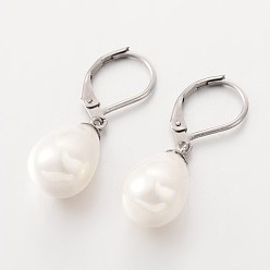 White Teardrop Shell Pearl Leverback Dangle Earrings, with 304 Stainless Steel Leverback Hoop Earrings, Stainless Steel Color, White, 31mm, Pin: 1mm