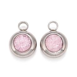 Lavender Blush 304 Stainless Steel Charms, Flat Round with Glass Rhinestone, Stainless Steel Color, Lavender Blush, 14x10x6mm, Hole: 2.5mm