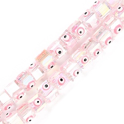 Pink Transparent Glass Beads Strands, with Enamel, AB Color Plated, Square with Evil Eye, Pink, 6~6.5x8~9x6.5~7mm, Hole: 1.6mm, about 50pcs/strand, 12.80~12.99''(32.5~33cm).