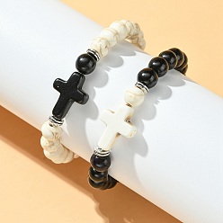 Black DIY Bracelet Making Kit, Including Synthetic Turquoise Round & Alloy Cross Beads & Spacer Beads, Elastic Thread, Black, 58Pcs/set