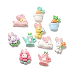 Mixed Color Cartoon Rabbit Theme Opaque Resin Decoden Cabochons, Flower & Rabbit & Watering Pots, Mixed Shapes, Mixed Color, 22~28x20.5~27x7.5~8.5mm