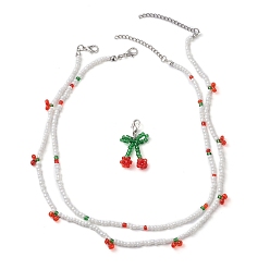 Red Glass Seed Beaded Cherry Jewelry Set, Beaded Necklaces & Pendant Decoration, Red, 14.96~16.73 inch(38~42.5cm), 35x20x8mm