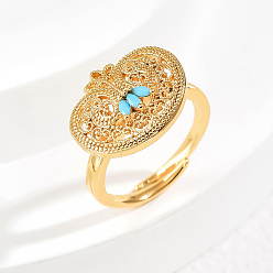 Синий Элегантные полые латунные микропаве кубические цирконии регулируемые кольца для женщин, застежка-пряжка в форме сердца, золотые, синие, 18x15 мм, внутренний диаметр: регулируемый