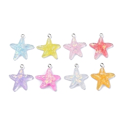 Random Color Transparent Resin Pendants, Star Charms with Paillettes and Platinum Plated Iron Loops, Random Color, 28~29x24~25x5mm, Hole: 2mm