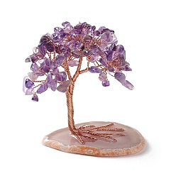 Amethyst Natural Amethyst Tree Display Decoration, Agate Slice Base Feng Shui Ornament for Wealth, Luck, Rose Gold Brass Wires Wrapped, 42~50x74~79x83~86mm