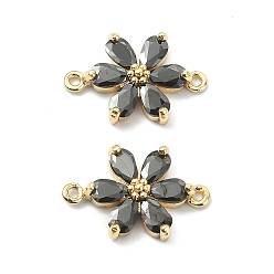 Black Brass Pave Cubic Zirconia Connector Charms, Flower Links, Real 18K Gold Plated, Black, 17x11.5x3.5mm, Hole: 1mm