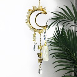 Yellow Quartz Natural Yellow Quartz Chip Wrapped Metal Moon Hanging Ornaments, Glass Teardrop & Butterfly Tassel Suncatchers for Home Outdoor Decoration, 250mm