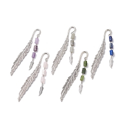 Mixed Color Tibetan Style Alloy Feather Bookmarks, Mixed Natural Gemstone Bead Pendant Bookmark, Mixed Color, 115x13x3.5mm