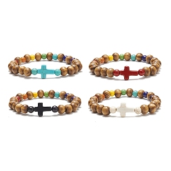 Mixed Color Synthetic Turquoise(Dyed) Cross & Natural Wood Beaded Stretch Bracelet for Women, Mixed Color, Inner Diameter: 2-1/8 inch(5.35cm)