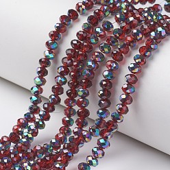 Dark Red Electroplate Transparent Glass Beads Strands, Half Multi-color Plated, Faceted, Rondelle, Dark Red, 2.5x2mm, Hole: 0.4mm, about 199pcs/strand, 13.4 inch(34cm)