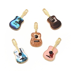 Mixed Color Rack Plating Golden Tone Alloy Pendants, with Printed Enamel, Cadmium Free & Nickel Free & Lead Free, Guitar Charm, Mixed Color, 27x12x2mm, Hole: 1.4mm