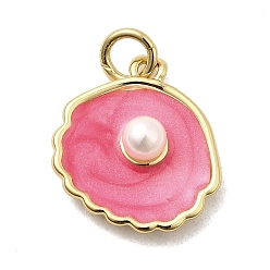 Ярко-Розовый Латунь эмаль подвески, с бусинами из искусственного жемчуга ABS и кольцом для прыжков, шарм в форме ракушки, долговечный, без кадмия и без свинца, реальный 18 k позолоченный, ярко-розовый, 16x15x5 мм, отверстие : 3 мм