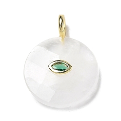 Quartz Crystal Natural Quartz Crystal Faceted Pendants, Flat Round Charms, with Rack Plating Golden Tone Brass Micro Pave Cubic Zirconia Findings, Horse Eye, 32.5~33x25~25.5x7~7.5mm, Hole: 4mm