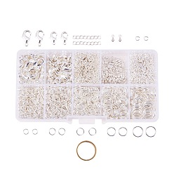 Silver PandaHall Elite Jewelry Finding Sets, with Iron Jump Rings, Brass Lobster Claw Clasps, Alloy End Piece, Iron Ends with Twisted Chains and Brass Assistant Buckling Ring, Silver Color Plated, Jump Ring: 4~10x0.7mm, clasp: 12~15x7~8x3mm, Chain: 50x3.5mm, Drop End: 7x2.5mm, Ring: 18x7x1mm
