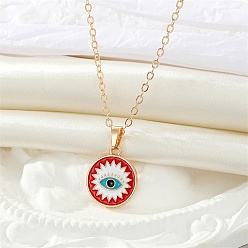 Red Alloy Enamel Flat Round with Evil Eye Pendant Necklace, Golden Iron Jewelry for Women, Red, 19.69 inch(50cm)