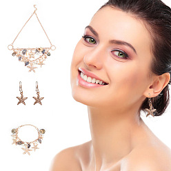 Golden Trendy Starfish and Conch Jewelry Sets, Bib Beach Necklaces and Dangle Earrings and Trendy Charm Bracelets, Platinum, 18.9 inch(48.2cm), 51mm, Pin: 0.6mm, 1set, 7-3/8 inch(187mm), 1strand, 16x12x3cm