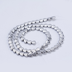 Platinum Plated Electroplate Non-magnetic Synthetic Hematite Beads Strands, Heart, Platinum Plated, 6x6x2mm, Hole: 1mm, about 75pcs/strand, 16.1 inch(41cm)