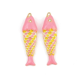 Deep Pink Brass Enamel Pendants, Fish Charms, with Rhinestone, Real 18K Gold Plated, Deep Pink, 29x8x4.5mm, Hole: 0.8mm