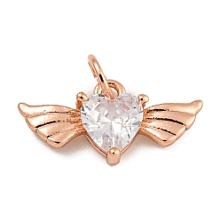 Розовое Золото Покрытие стойки латунь микропаве прозрачные подвески из кубического циркония, без свинца и без кадмия, долговечный, сердце с крыльями, розовое золото , 9x18x4.5 мм, отверстие : 3.5 мм