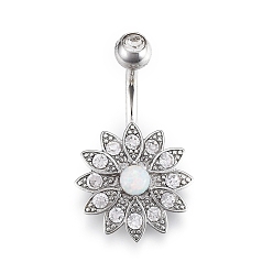 Platinum Piercing Jewelry, Brass Cubic Zirciona Navel Ring, Belly Rings, with 304 Stainless Steel Bar & Synthetic Opal, Platinum, 26.5x16mm, Bar: 15 Gauge(1.5mm), Bar Length: 3/8"(10mm)