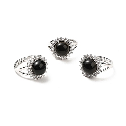 Obsidian Natural Obsidian Adjustable Rings, Platinum Tone Flower Brass Rhinestone Rings for Women, Cadmium Free & Lead Free, US Size 8(18.1mm), 2.5~8mm