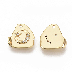 Real 18K Gold Plated Brass Micro Pave Clear Cubic Zirconia Charms, Nickel Free, Real 18K Gold Plated, Moon and Star, 10.5x10.5x2.5mm, Hole: 1mm