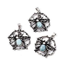 Larimar Natural Larimar Pendants, Flat Round with Spider Charms, with Antique Silver Color Brass Findings, 37~38x34~35x9mm, Hole: 5x4mm