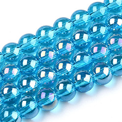 Deep Sky Blue Electroplate Transparent Glass Beads Strands, AB Color Plated, Round, Deep Sky Blue, 6~6.5mm, Hole: 1.4mm, about 67~70pcs/strand, 14.76 inch~15.16 inch(37.5~38.5cm)