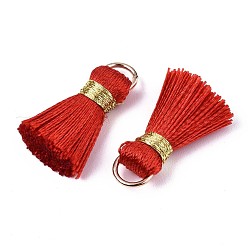 Red Handmade Polycotton(Polyester Cotton) Tassel Decorations, Pendant Decorations, with Golden Iron Loops, Red, 17~21x10x5mm, Jump Ring: 6x0.7mm, Inner Diameter: 4.6mm