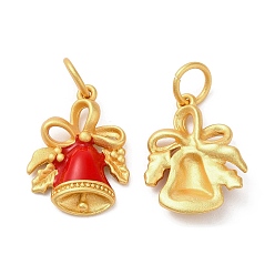 Red Rack Plating Brass Pendants, with Enamel and Jump Ring, Long-Lasting Plated, Matte Gold Color, Christmas Bell Charm, Red, 20x15x3.5mm, Hole: 5mm
