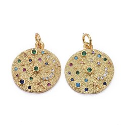 Colorful Brass Micro Pave Colorful Cubic Zirconia Pendants, Long-Lasting Plated, Real 18K Gold Plated, with Jump Rings, Flat Round, Colorful, 17x16x2mm
