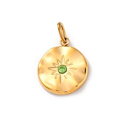 Перидот 304 из нержавеющей стали горный хрусталь подвески, ионное покрытие (ip), плоско-круглые, реальный 14 k позолоченный, перидот, 18.5x15.5x2.5 мм