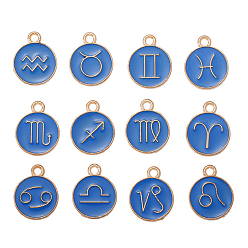 Royal Blue Alloy Enamel Pendants, Golden, Flat Round with Twelve Constellation Pattern, Royal Blue, 15x12mm, 12pcs/set