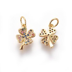 Golden Brass Micro Pave Cubic Zirconia Charms, Four Leaf Clover, Colorful, Golden, 12x8x2.5mm, Hole: 3mm