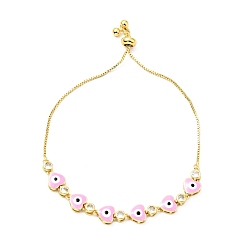 Pearl Pink Clear Cubic Zirconia & Enamel Heart with Evil Eye Links Slider Bracelet, Gold Plated Brass Jewelry for Women, Lead Free & Cadmium Free, Pearl Pink, 10-3/8 inch(26.4cm)