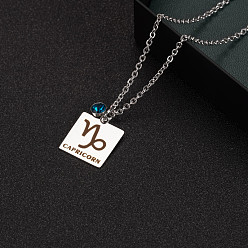 Capricorn Constellation Rectangle Pendant Necklace, 201 Stainless Steel Square with Rhinestone Pendant Necklace for Men Women, Capricorn, 17.72 inch(45cm)