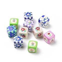 Motifs Mixtes Perles acryliques imprimées, cube avec motif fleur & tartan, motifs mixtes, 14~14.5x14~14.5x14~14.5mm, Trou: 4mm