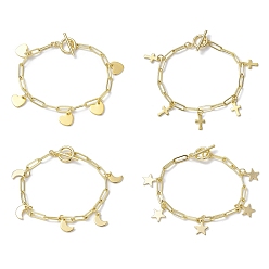 Mixed Shapes Golden 304 Stainless Steel Charm Bracelets with Brass Paperclip Chains, Mixed Shapes, 7-1/2~7-5/8 inch(19.2~19.3cm)