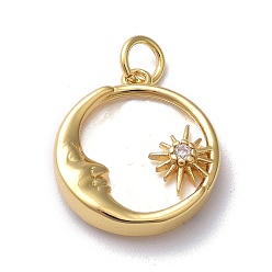 Clear Brass Micro Pave Clear Cubic Zirconia Pendants, Cadmium Free & Lead Free, with Shell & Jump Ring, Long-Lasting Plated, Flat Round with Moon & Sun, Real 18K Gold Plated, 17.5x16x3.5mm, Jump Ring: 5x1mm, 3mm Inner Diameter