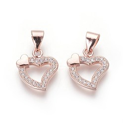 Розовое Золото Брелки из экологически чистой латуни с микропаве и кубическим цирконием, без свинца и без кадмия, прозрачные, сердце, розовое золото , 13x12x2 мм, отверстие : 3.5x5 мм
