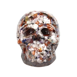 Mixed Stone Resin Skull Display Decoration, with Natural Mixed Stone Chips inside Statues for Home Office Decorations, 73x100x75mm