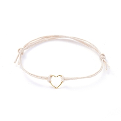 White Adjustable Waxed Cotton Cord Bracelets, with 304 Stainless Steel Heart Jump Ring, White, 1-5/8 inch~3-1/2 inch(4~9cm)