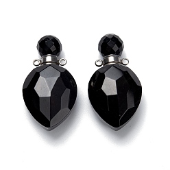 Obsidian Natural Obsidian Perfume Bottle Pendants, with Platinum Brass Findings, Faceted, Oval, 36.5mm, Hole: 1.6mm, Bottle Capacity: 0.3ml(0.01 fl. oz)