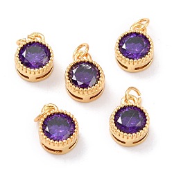 Purple Real 18K Gold Plated Brass Inlaid Cubic Zirconia Charms, with Jump Ring, Long-Lasting Plated, Flat Round, Purple, 9.5x7x4mm, Jump Ring: 4x0.5mm, 2.5mm Inner Diameter