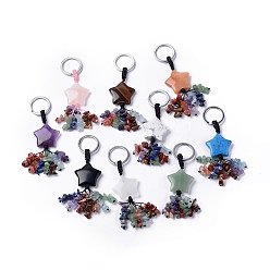 Mixed Stone Natural & Synthetic Mixed Gemstone Star with Mixed Gemstone Chips Beaded Tassel Keychains, with 304 Stainless Steel Ring Clasps, 9.5~10cm